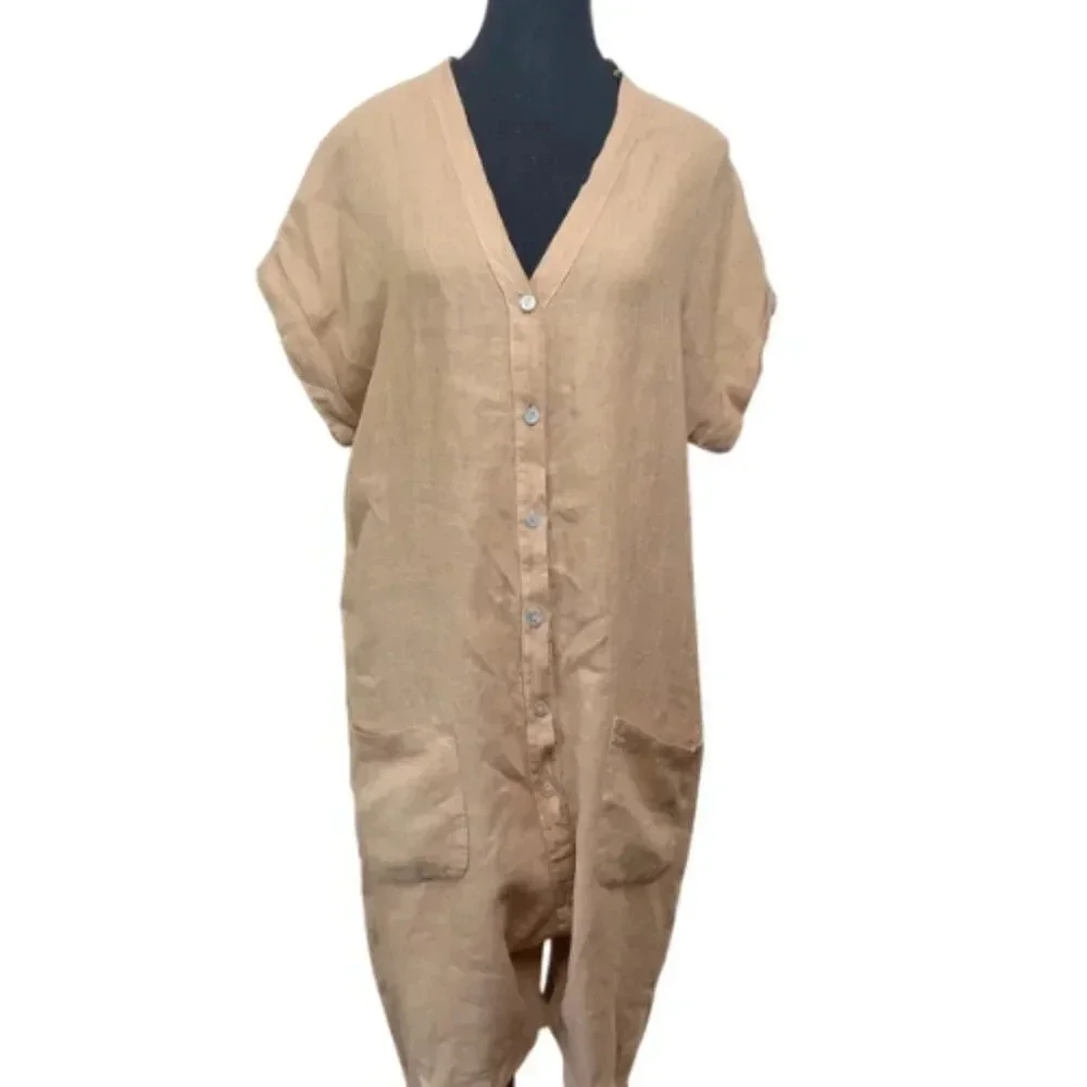 Made  In Italy Womens Medium Linen Vneck Button Tan Romper - Picture 2 of 13